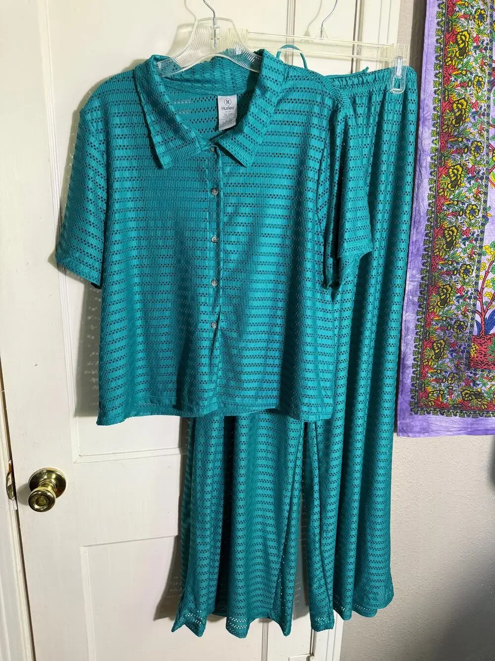 Hurley Teal 2 Piece Set Wide Leg Pants Button Shirt Crochet Open Knit - XL